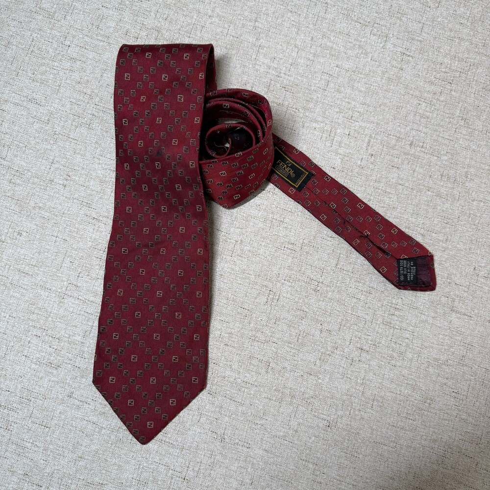 Fendi Burgundy Silk Tie, Zucca Monogram Print, Made in Italy